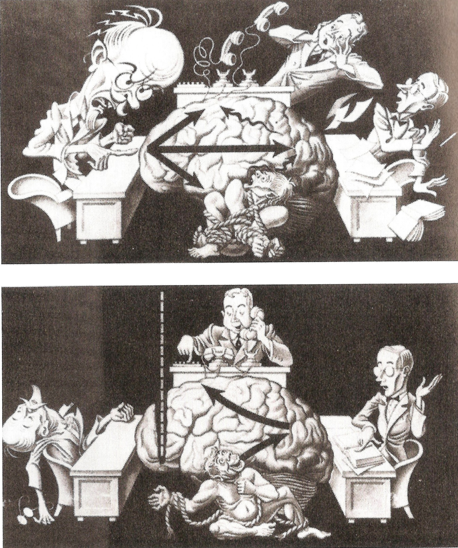 Life, 1947 «nella depressione agitata (illustrazione in alto), il super-io dispotico e irragionevole, causando lo squilibrio di tutta la mente... Il bisturi del chirurgo, recidendo le connessioni tra le aree prefrontali (la sede del super-io) e il resto del cervello, libera la mente vessata dal suo tirannico dominatore (illustrazione in basso). La lobotomia, però, dovrebbe essere eseguita soltanto su quei pazienti la cui intelligenza è sufficiente a controllare il comportamento una volta scomparsa l'autorità morale»