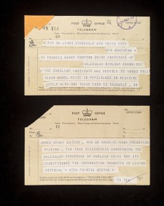 1962: il telegramma che annuncia l'assegnazione del premio Nobel per la medicina a Francis Crick, Maurice Wilkins e James Watson (Credits Wikimedia Commons: Library reference CMAC Temp Cat Ref 218)