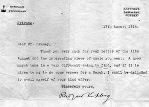 Lettera che Rudyard Kipling scrisse a William Ramsey per congratularsi del suo componimento musicale